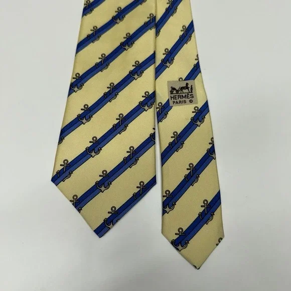 Hermes Men's Tie Nautical Striped Anchors Yellow/Blue Silk 944 IA 3.5 x 53 guc